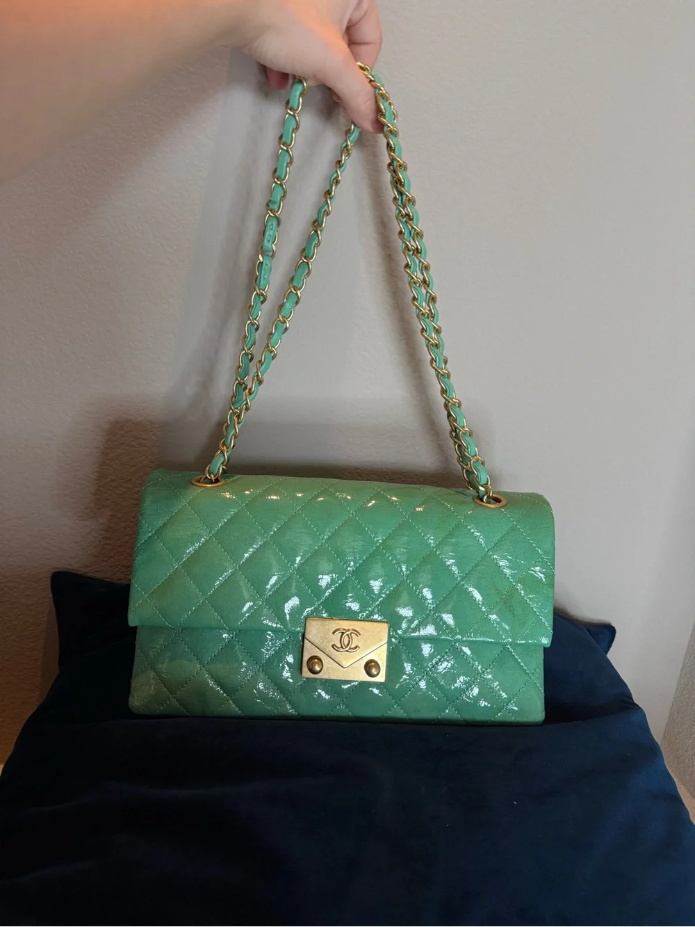 VINTAGE CHANEL Quilted Patent Leather Chain Shoulder Bag in Mint Green